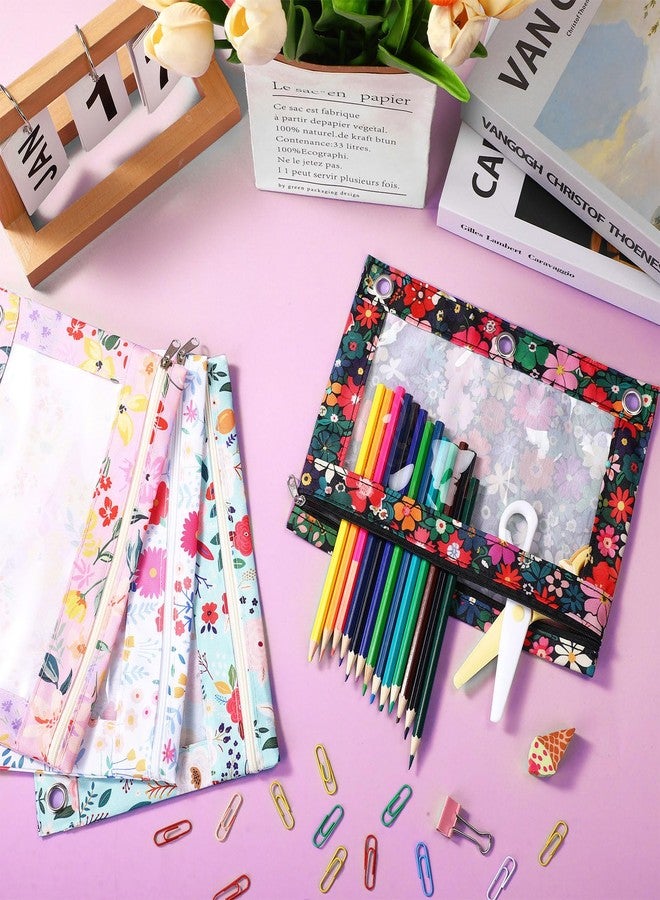 Janlaugh 4 Pack Pencil Pouch for 3 Ring Binder Bulk Flowers Binder Pencil Pouch with Zipper 3-Holes Pouches Durable Clear Zipper Top Bag for Classroom Teacher Office Supplies - Image 4